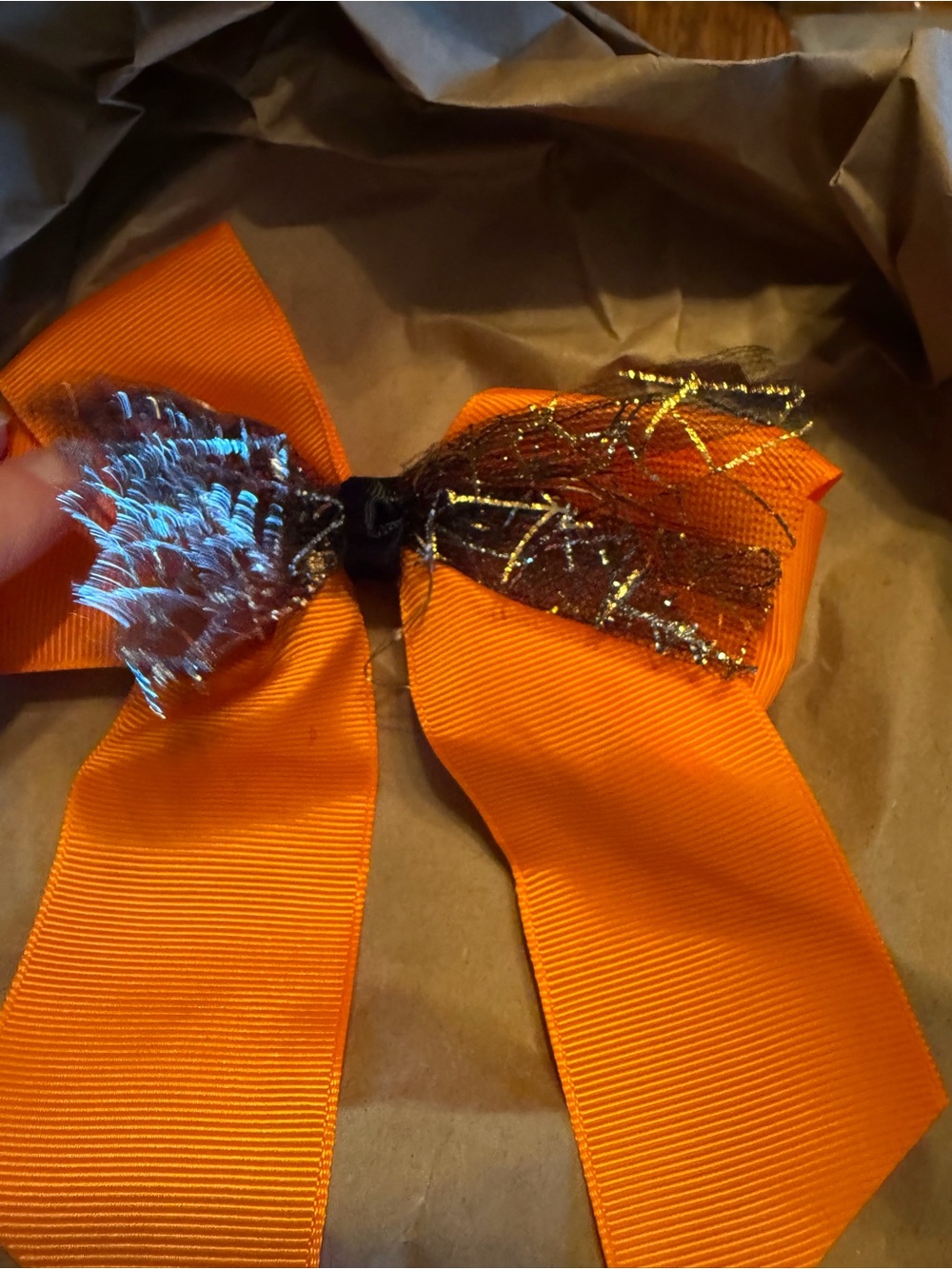 Orange Halloween Light Up Ribbon Hair Bow with Black Glitter Accent